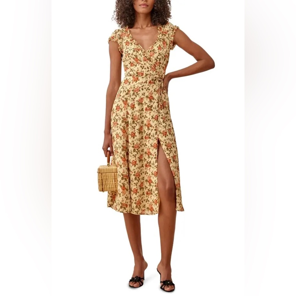Reformation Yellow Floral Midi Dress with Orange & Green Print